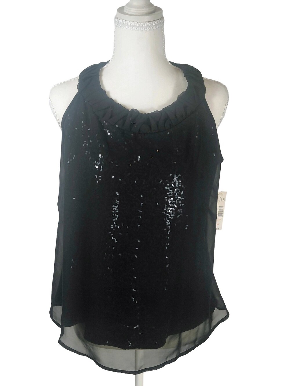 NWT New Directions Black Sequin Ruffle Neck Sleeveless Top Petite Women's Sz M